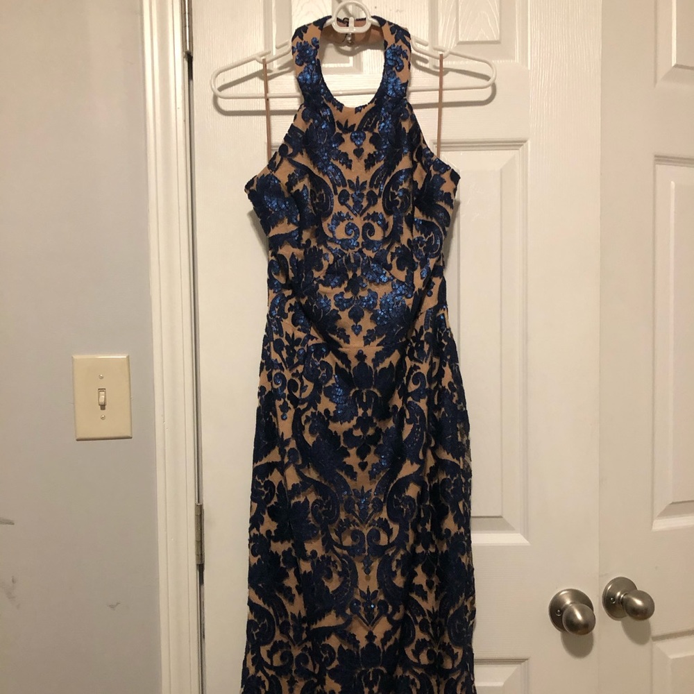 Navy blue and tan floral cocktail dress